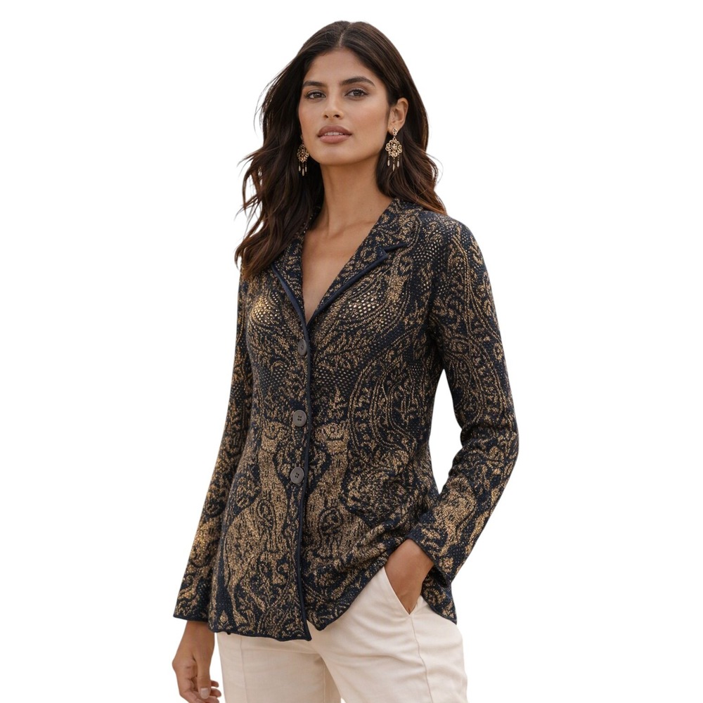 Peruvian Connection Metallic Pointelle Knit Blazer Cardigan S Navy Gold Llamas